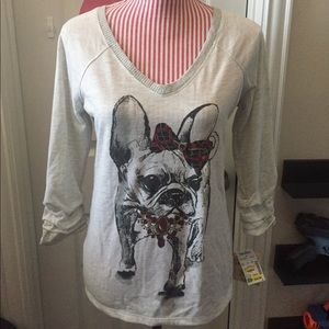 Gray long sleeve shirt with dog print.